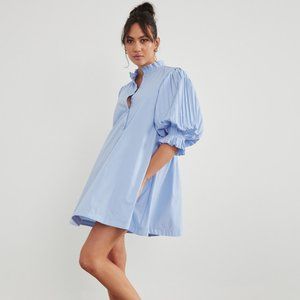 Blue Puff Sleeve Mini Dress with Mandarin Collar